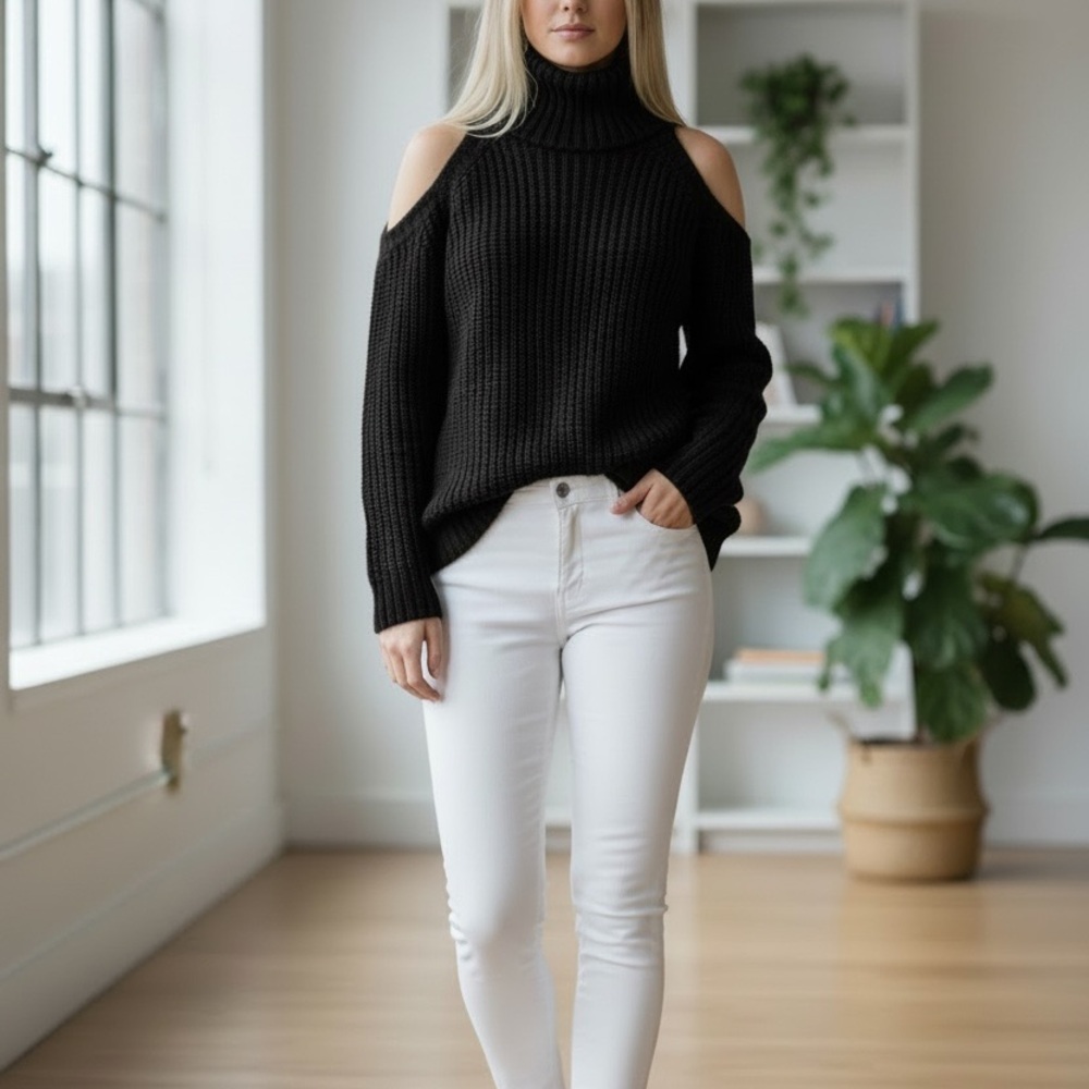 Hayden LA Black Cold Shoulder Sweater w/ Flared Sleeves - Size L